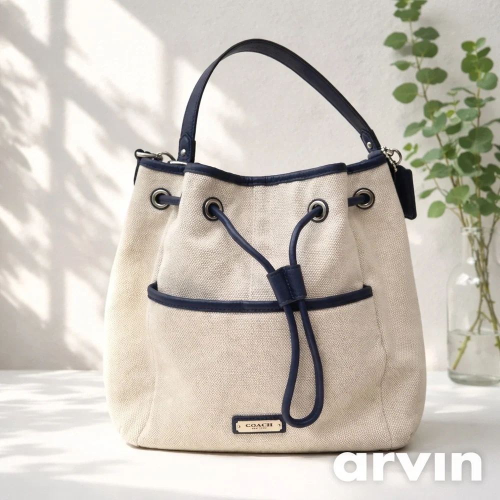 Coach Cream Navy Blue Drawstring Shoulder Bag